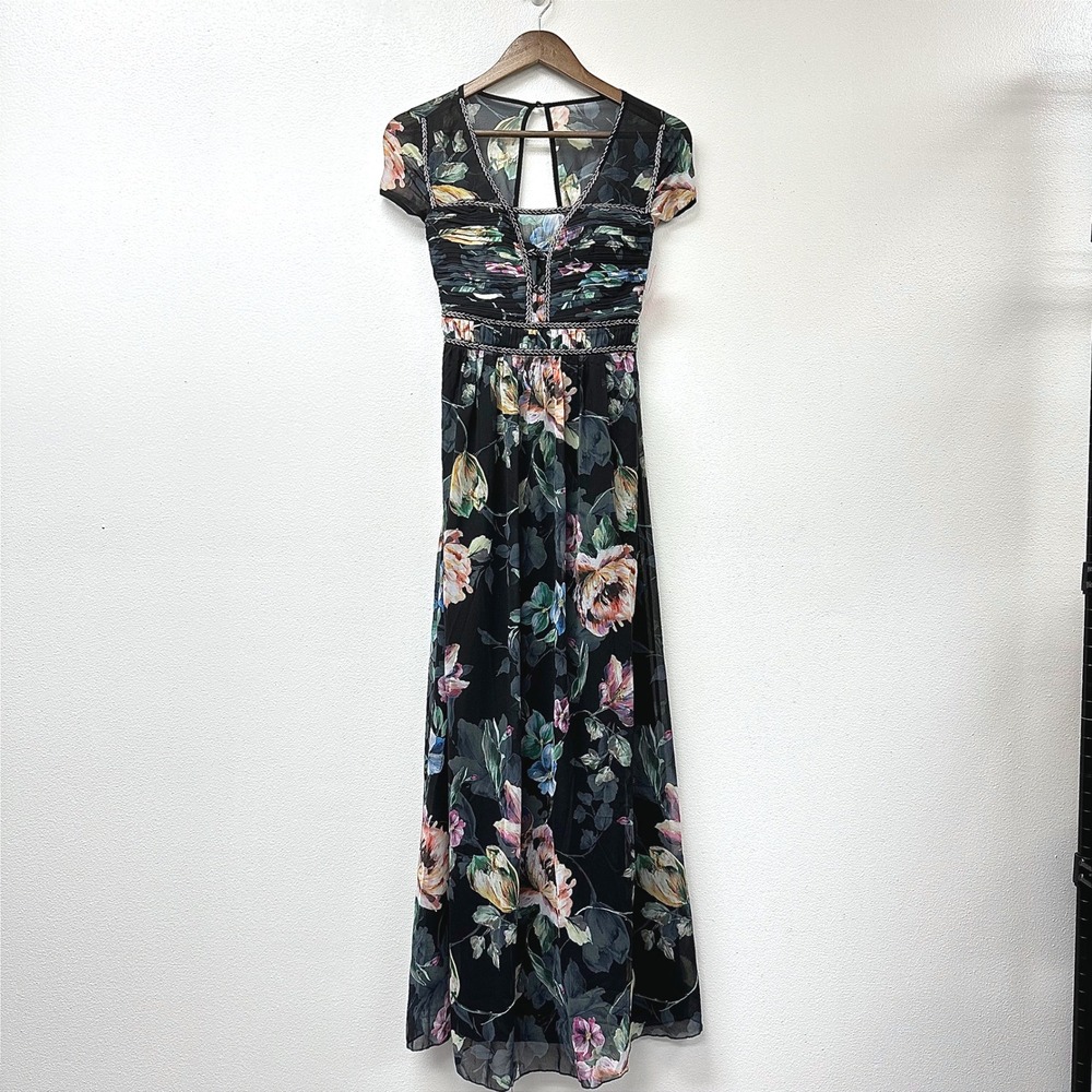 Little Mistress Pintuck Pleated Floral Maxi Dress Black Size 2